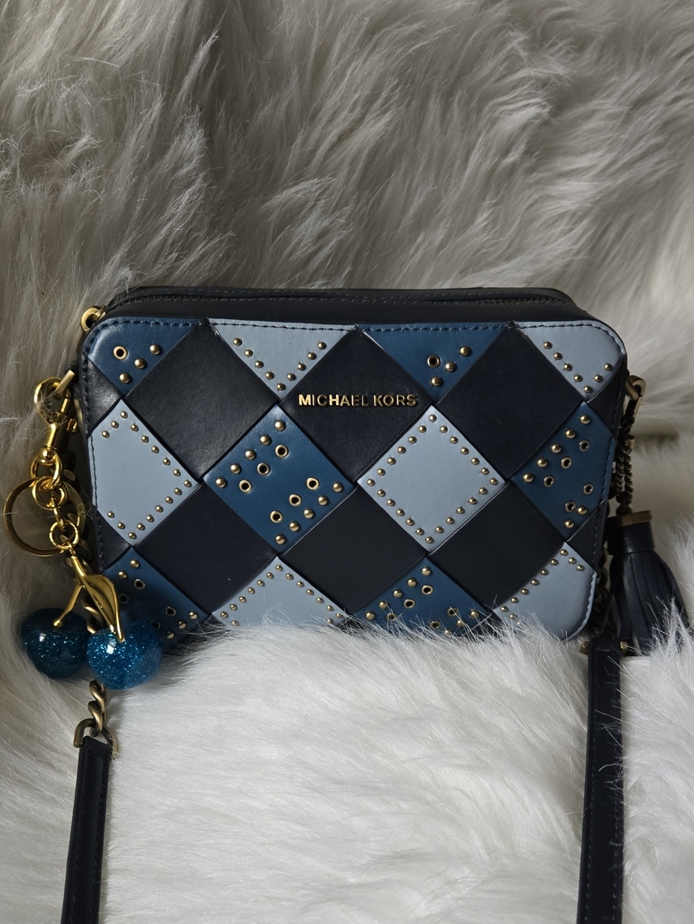 Michael Kors Blue Patchwork Studded Crossbody with Gold Accents